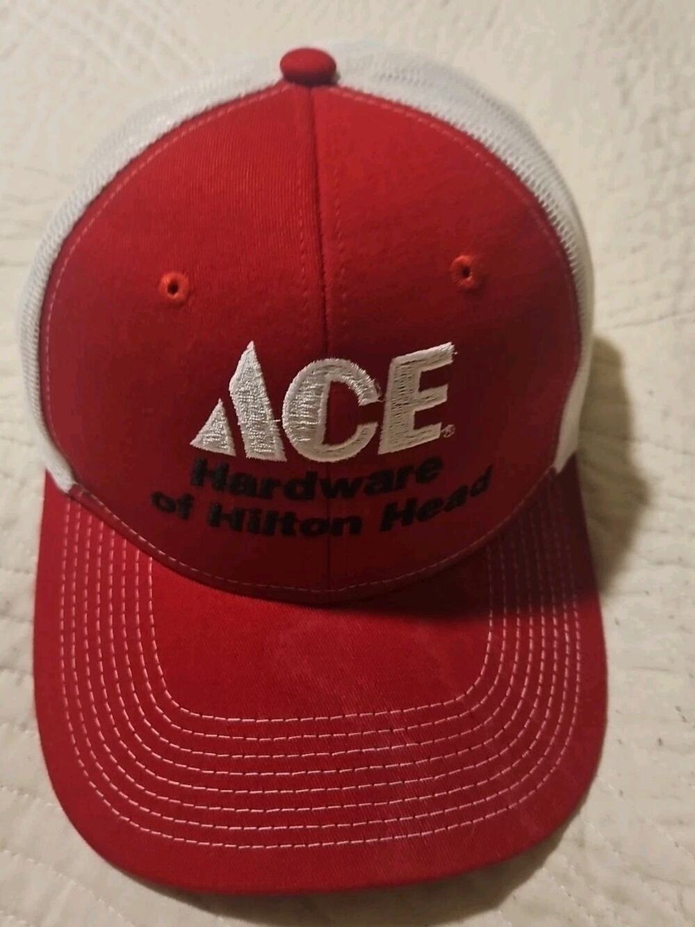 Ace Hardware Hilton Head Trucker Hat Mens Red White Mesh Snapback 7.5 In